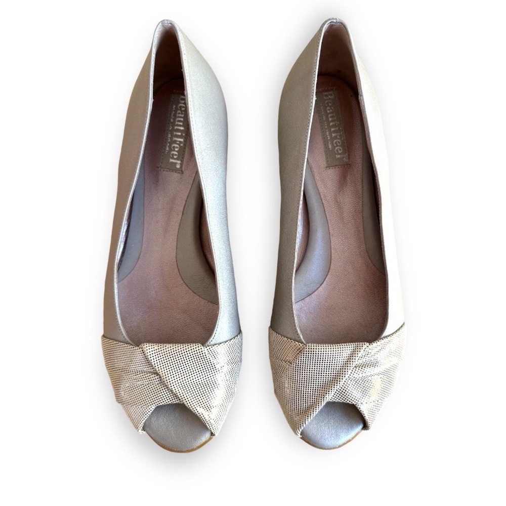 BEAUTIFEEL Leather Gold & Taupe Peep Toe Flats